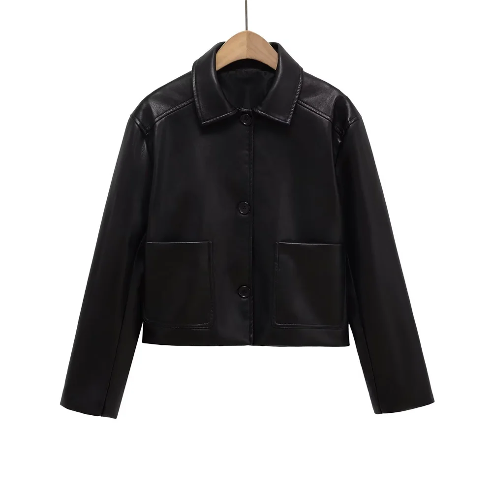 BMURHMZA レディース新作 シャツカラー 長袖 シングルブレスト スマート通勤スタイル ショート丈 テクスチャPUレザー風ジャケット