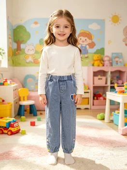 Girls Spring Autumn Rainbow Heart Embroidery Cuffed Jeans Children's Elastic Waist Casual Long Pants