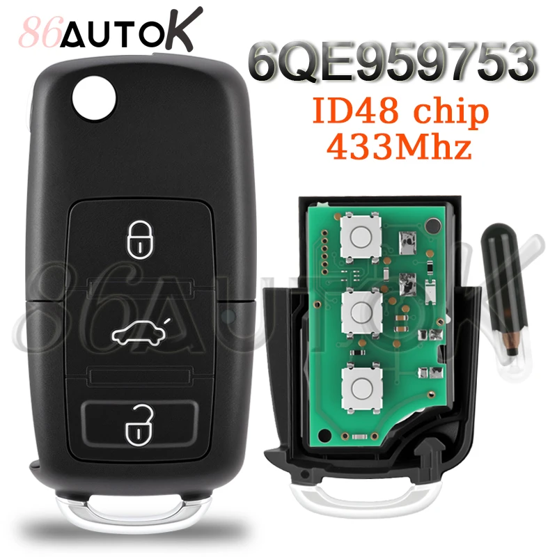 

6QE959753 Дистанционный автомобильный брелок для Volkswagen VW Fox Gol Sharan 2010+ Saveiro 2009-2012 6QE 959 753 434 МГц ID48 Чип Flip Автомобильный ключ