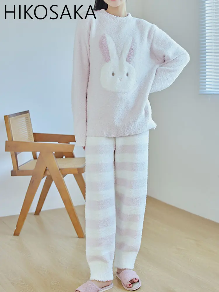 Fall Winter Thick Soft Microfiber Knitted Homewear Suit Japanese Kawaii Rabbit Print Pijamas Women Loose Comfortable Sleepwear