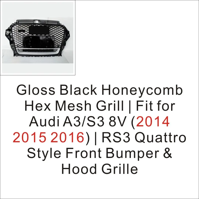 

Gloss Black Honeycomb Hex Mesh Grill | Fit for Audi A3/S3 8V (2014 2015 2016) | RS3 Quattro Style Front Bumper & Hood Grille