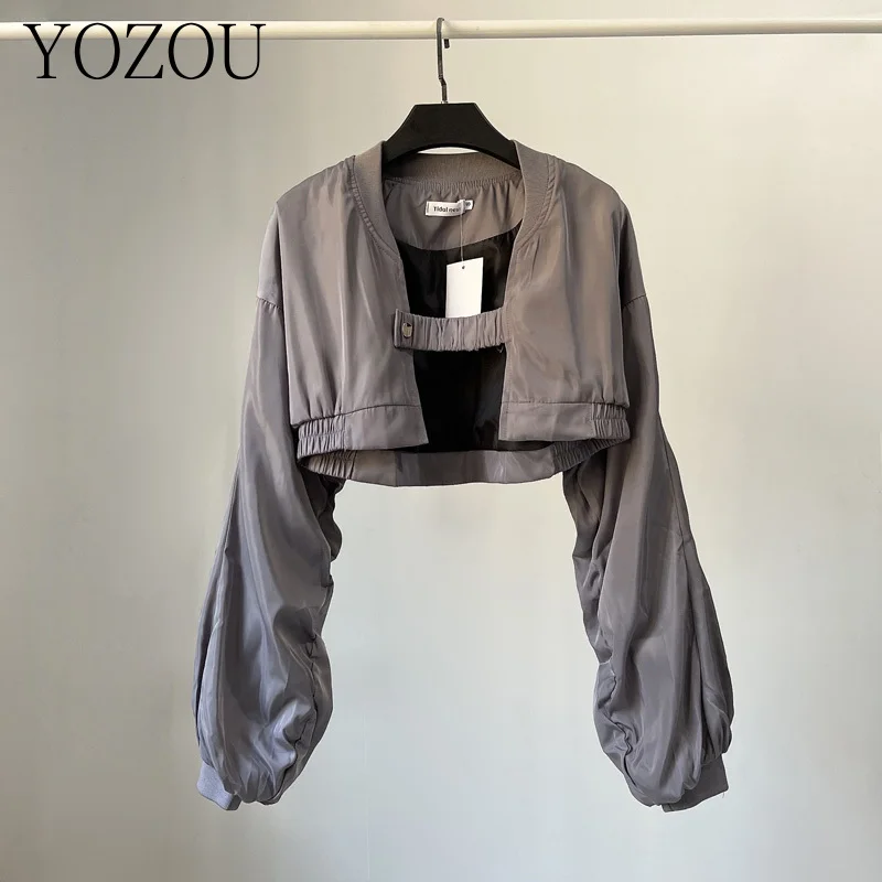 [YOZOU] Luxury Design Spring Outerwear Solid Black Gray Short Cropped Bomber Jackets Coat Dongdaemun Korea Vintage Tops Women