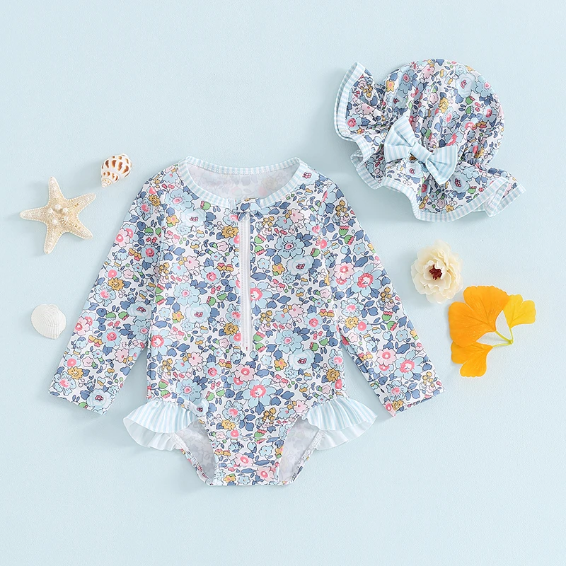 Infant Baby Girl Floral Print Swimsuit Summer Long Sleeve Bathing Suit Swimwear with Bowknot Sun Hat