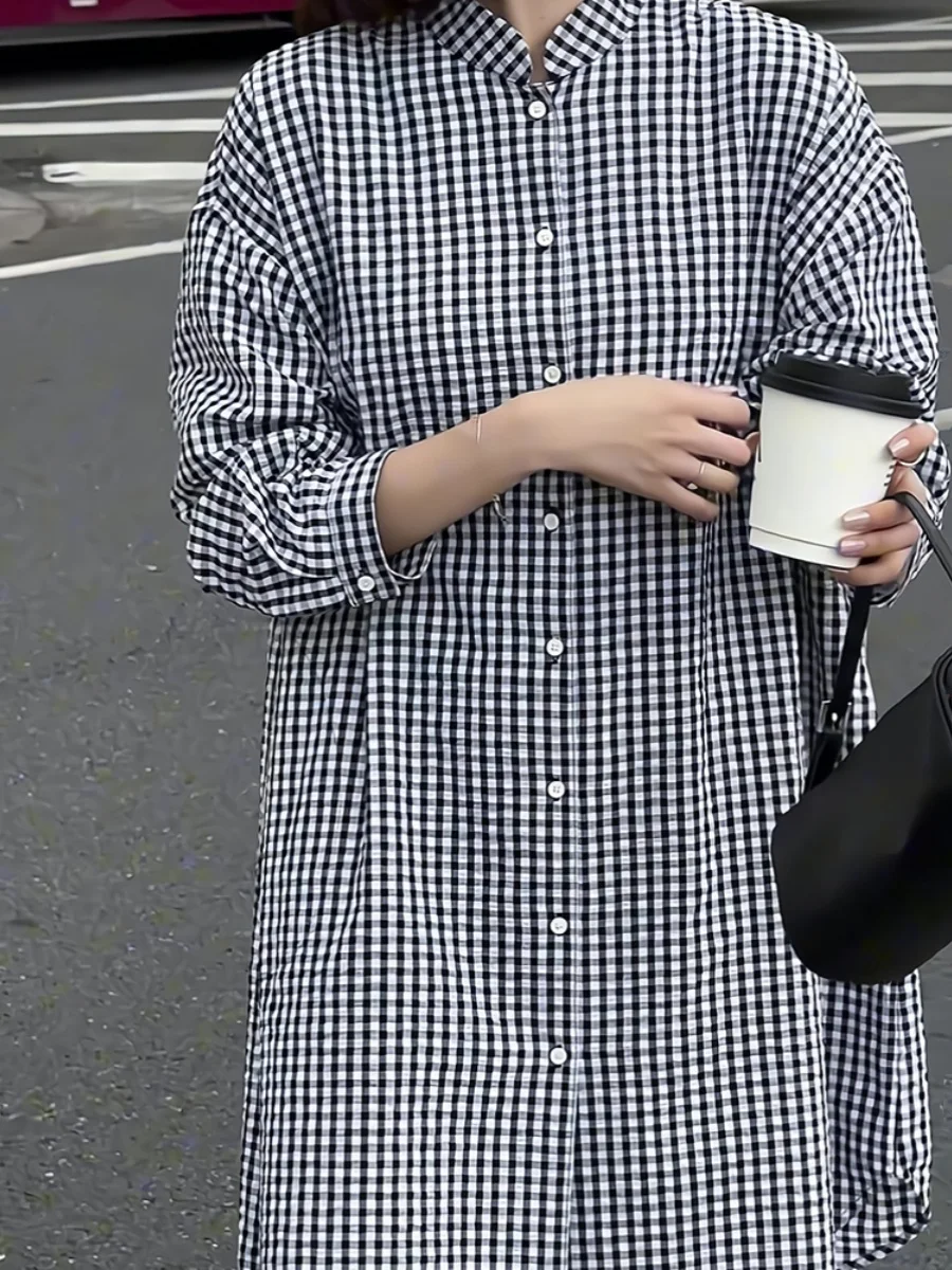 

Plus Size Ele Plaid Midi irt Women's Spring Summer 2025 New Sle Korean Version Long Sve Commute Friendly plus Size Top
