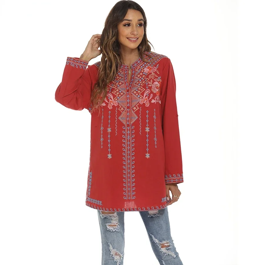 Le Luz Floral Embroidery Long Blouses Shirt Red Boho Mexican Shirts Autumn Long Sleeve Women 2xl 3xl Ethnic Hippie Tops