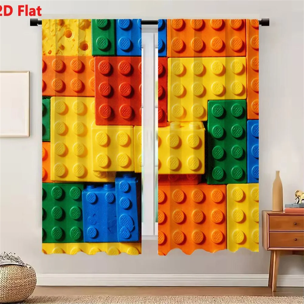 2Pcs Curtains 2D Flat Colorful Toy Building Blocks Arrangement Resembling LEGO Bricks with Studs in Red Blue Green Yellow Orange