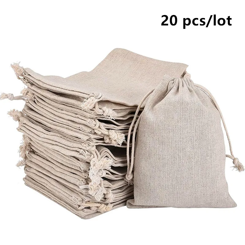 20 Pcs/Lot Linen Cotton Storage Bags with Drawstring Kitchen Food Home Organizer Dustbag Christmas Gift Package Big Pouches