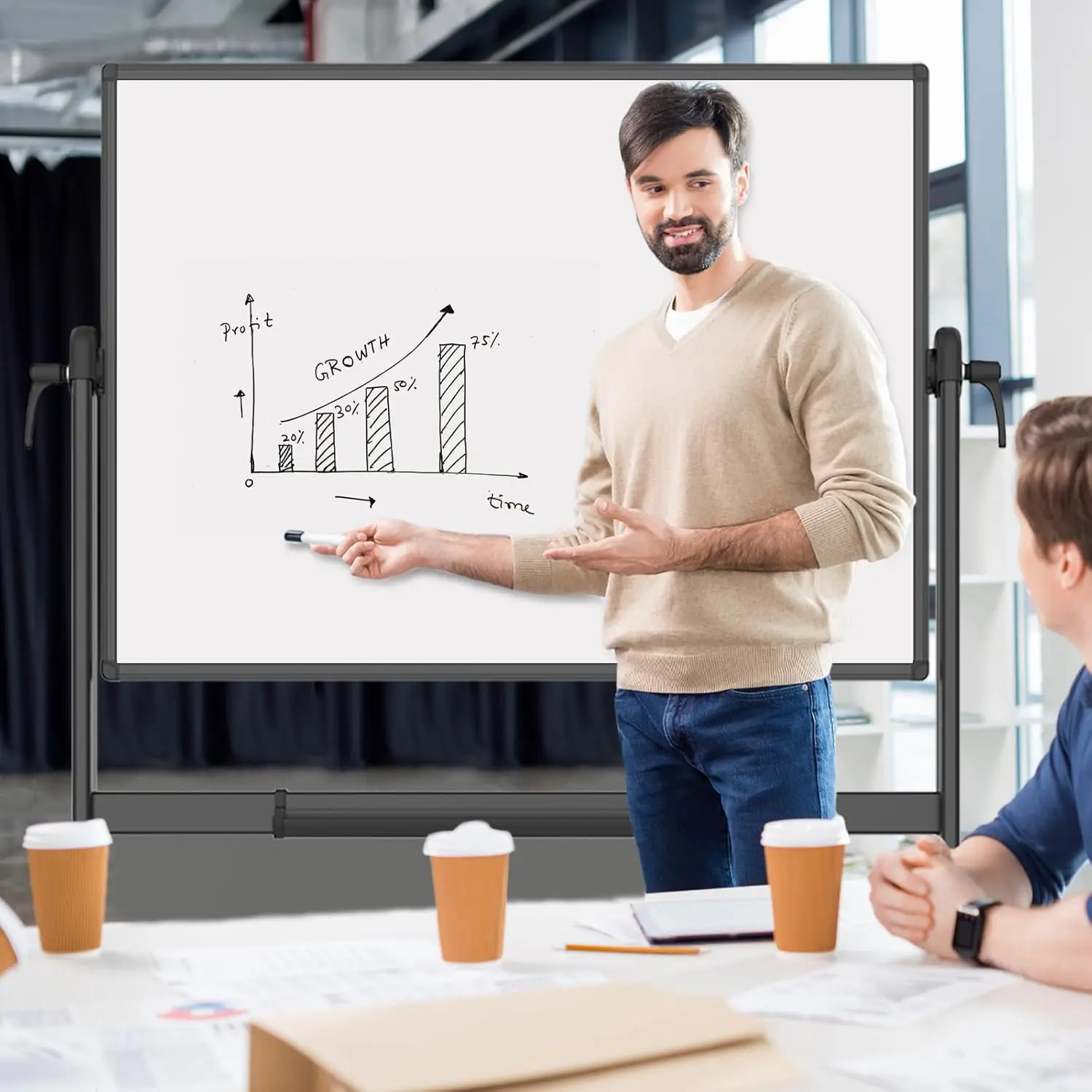 Double-Sided Magnetic Mobile Whiteboard, 48 x 36 Inches, Black Aluminium Frame and Stand