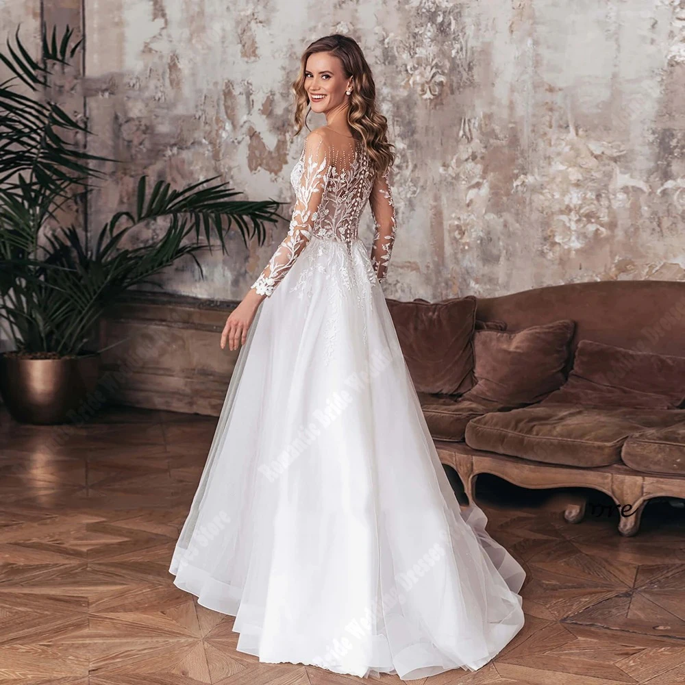 Shining A-Line Wedding Dresses Customized Lace Floral Printing Bride Gowns Long Skirt Hem Mopping Length Vestidos De Novias 2024