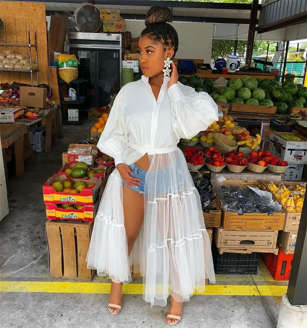 メッシュパッチワークホワイトシャツドレス秋服女性用ボタンアップランタンスリーブロングドレスストリートウェアナイトクラブパーティードレス