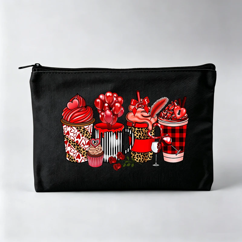 Women's Sweet Treats Print Makeup Bag, Zipper Cosmetic Pouch with Heart and Cupcake Design for Daily Use