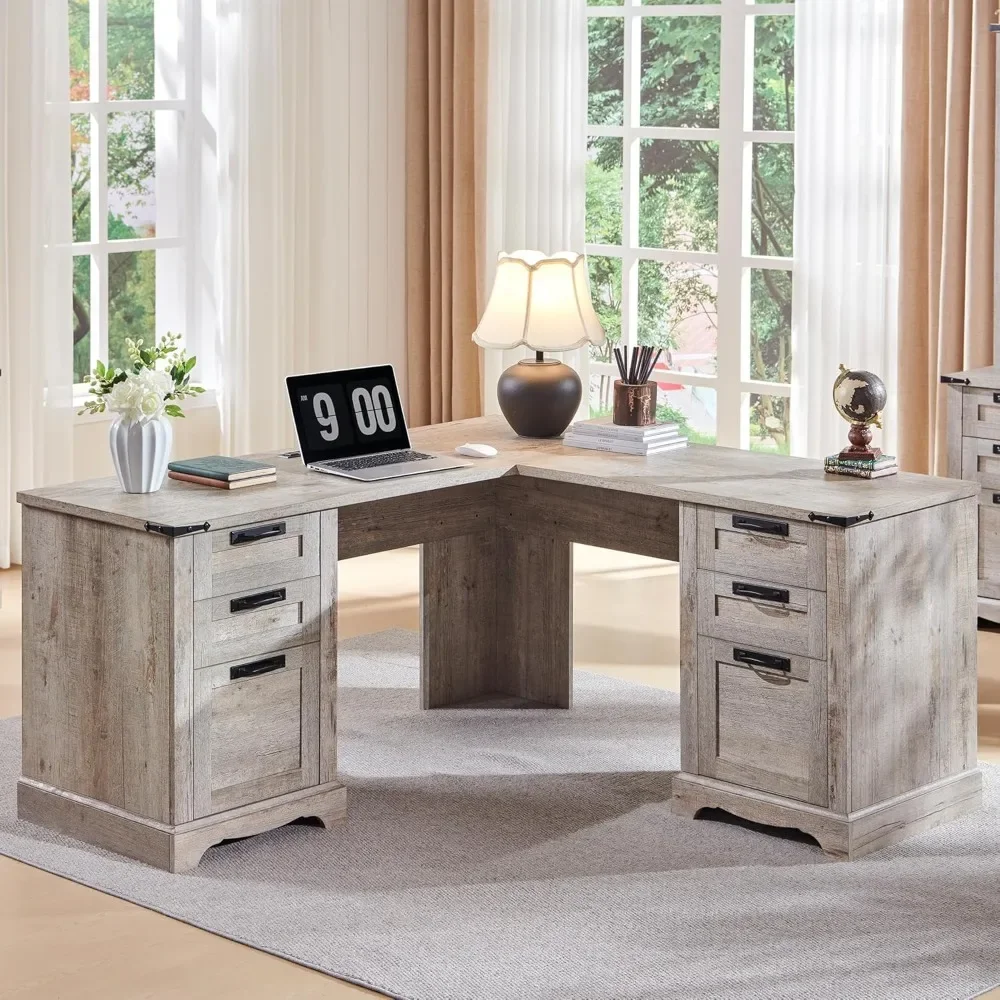 Office Furniture Desk Sets , 60Farmhouse L Shaped Executive Desk With Drawers Wood Home Office Cornenr Desk With Charging Statio