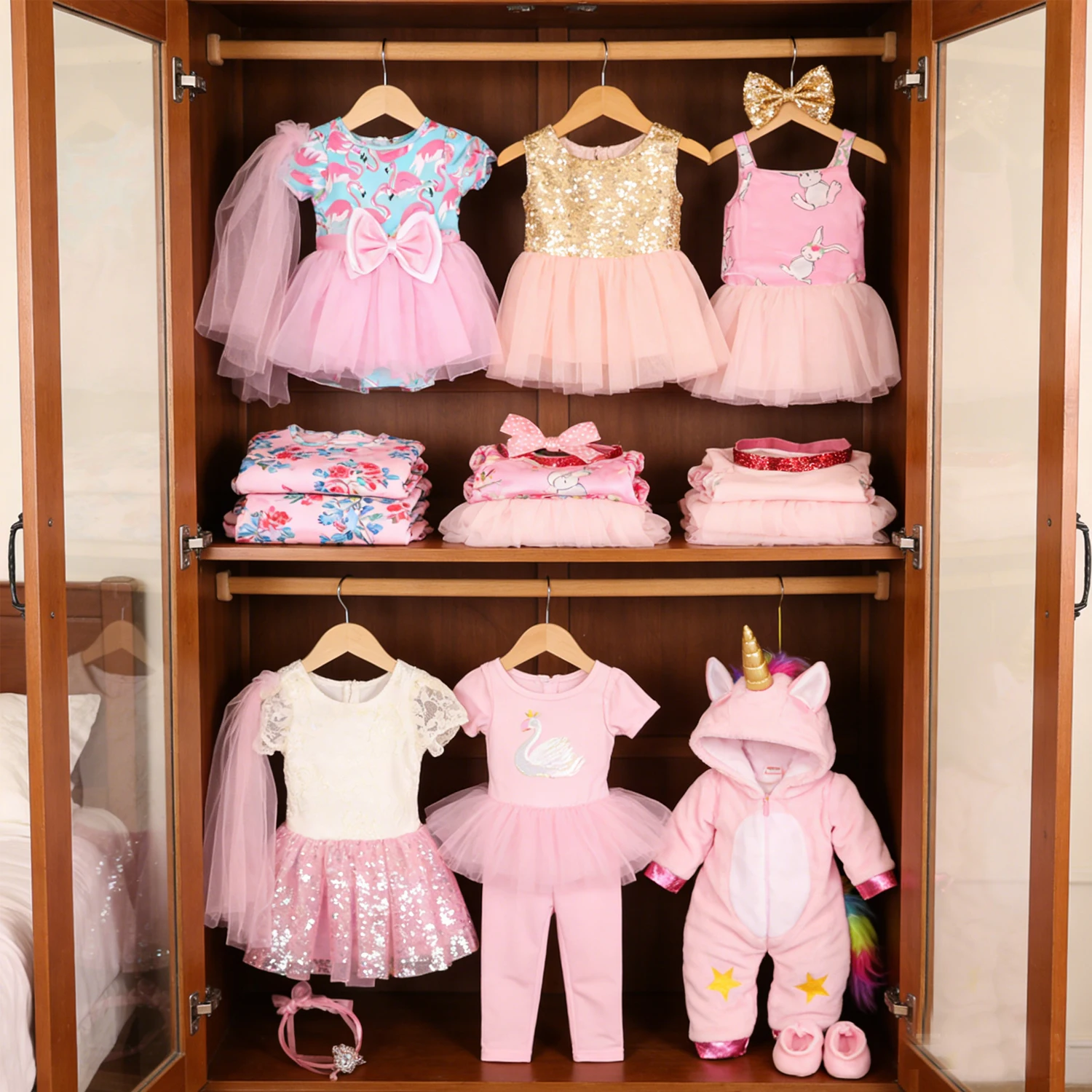 Różowa seria urocze akcesoria dla lalek ubrania piżamy Mini sukienka z kokardką dla 43Cm Reborn Doll 18 Cal dziecko, amerykańska lalka DIY zabawki prezenty