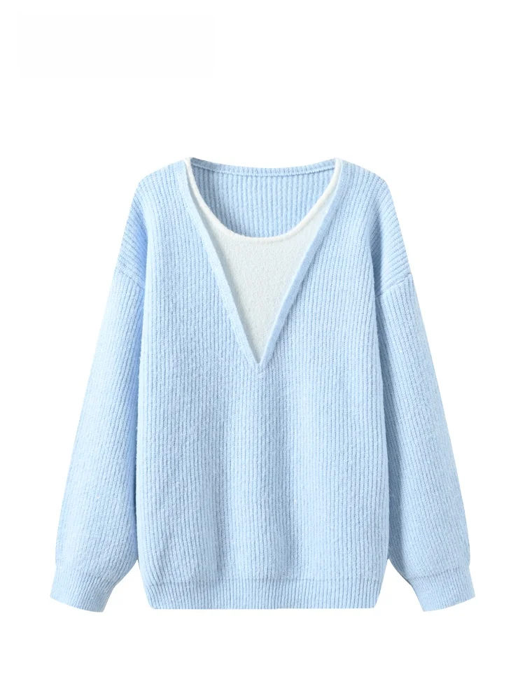 

plus Size Women's round Ne Long Sve Knitwear Spring Faion Loose Fit Fake Two-Piece Top Casual Versatile plus Size Sister