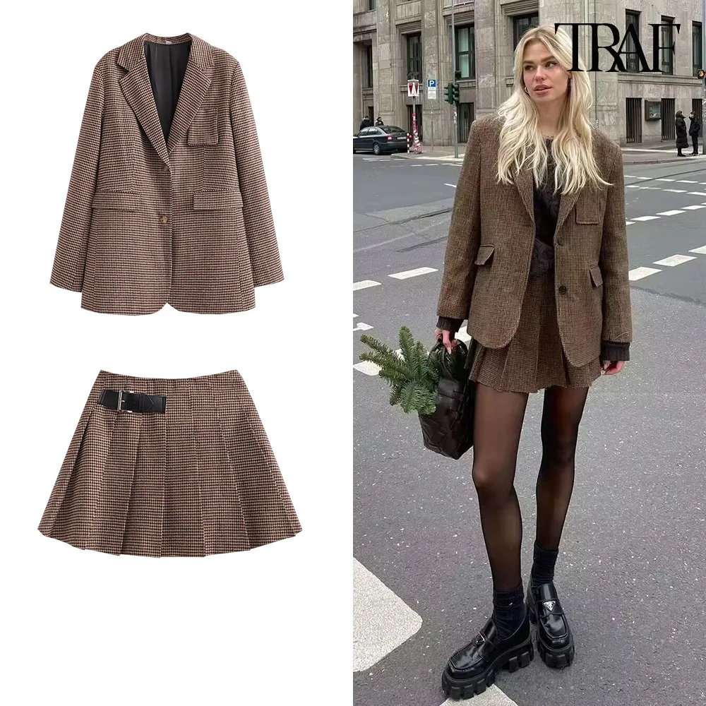 

TRAF women's new loose blazer leather buckle decorative half-body skirt two-piece suit temperament and elegant women's clothing