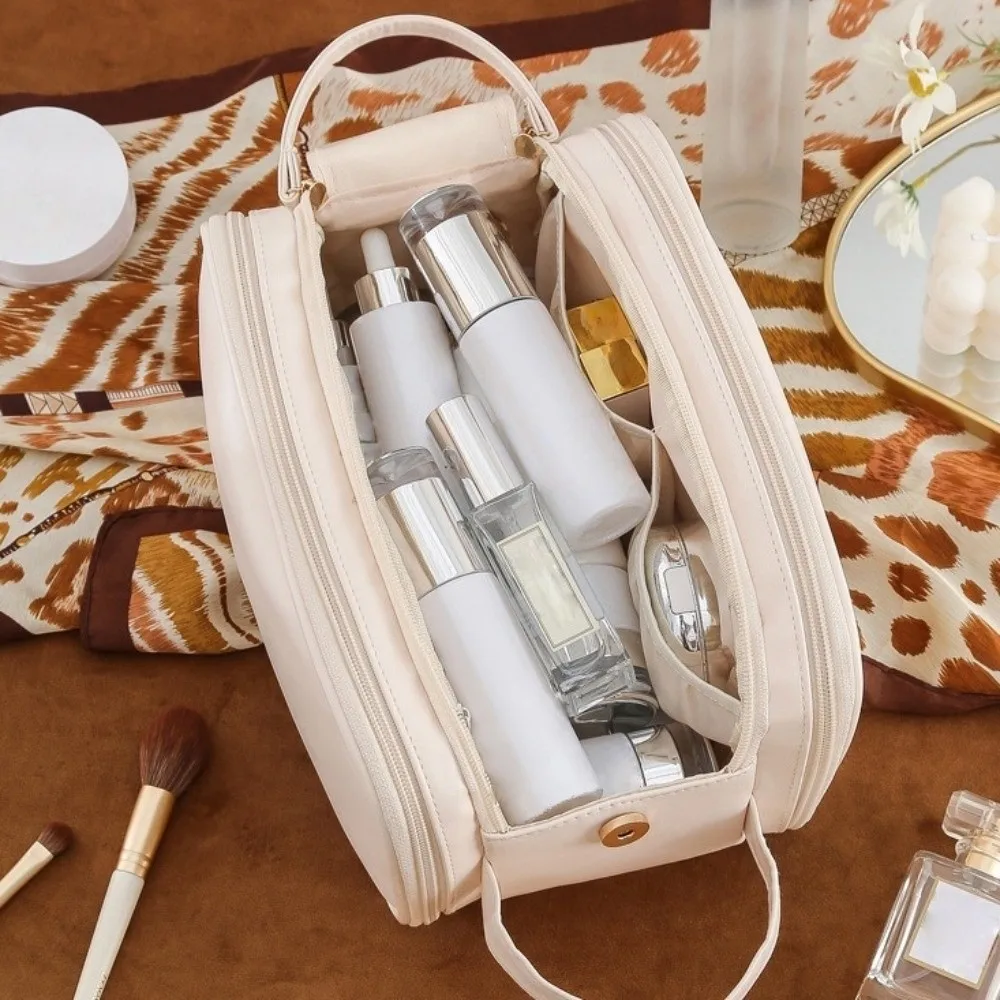 حقيبة مستحضرات التجميل المصنوعة من جلد البولي يوريثان بسحاب مزدوج مقاومة للماء ذات سعة كبيرة حقيبة مكياج حقيبة حمل للمكياج منظم أدوات الزينة
