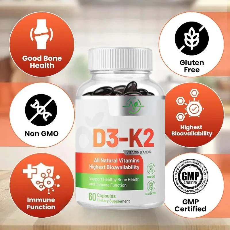 

Витамин D3+K2 Полностью естественная система костей и иммунитета, веганская и не ГМО, 60 капсул