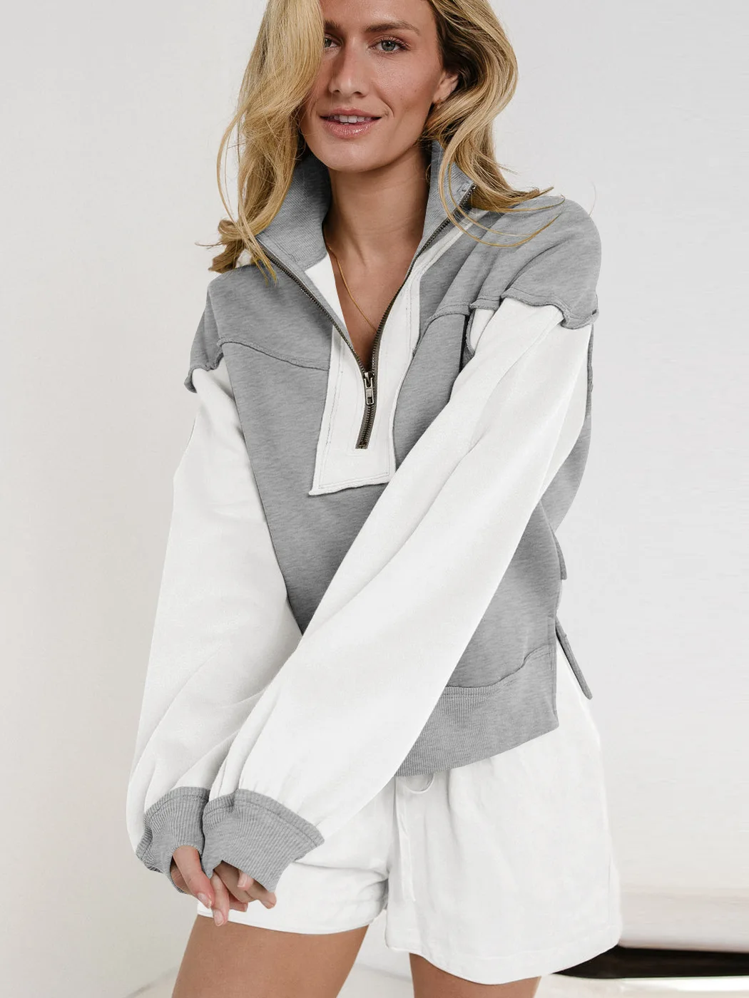 Zipper Contrasting Color Loose Decorative Lines Long-sleeved Sweater Hoodies Women K Pop Clothes Sweatshirts Clothes for Women