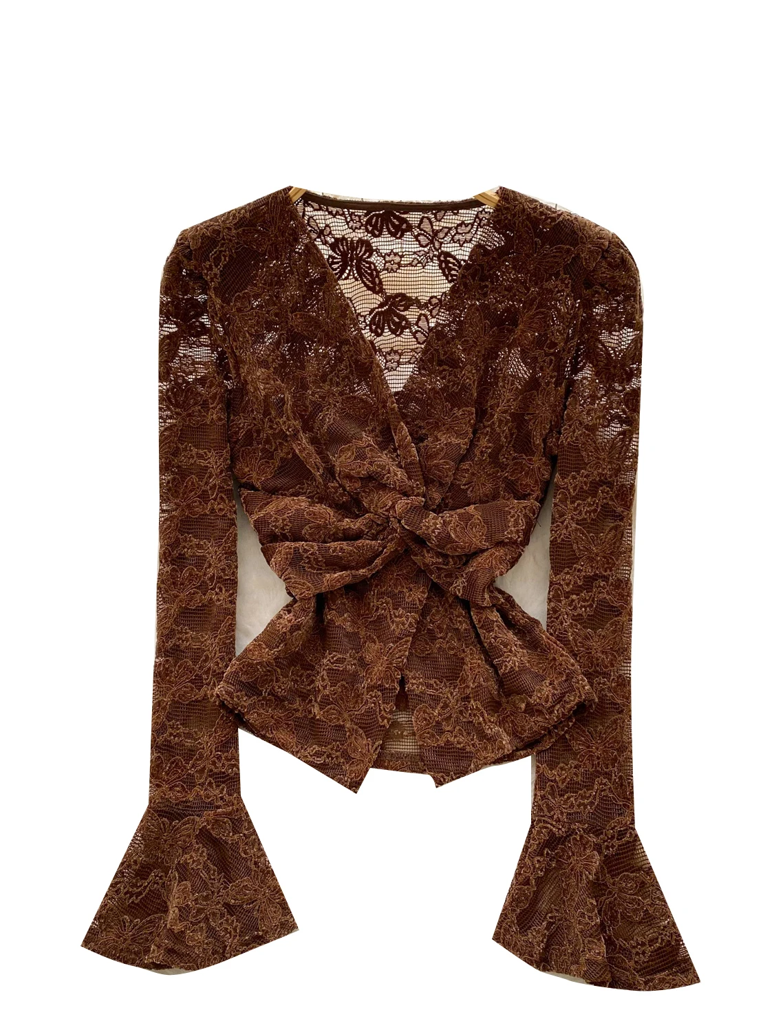 Ele Lace Long Sve Knot Ne Top Women's Faionable Base irt Slim Fit Korean Sle Polyester Fiber Breathable