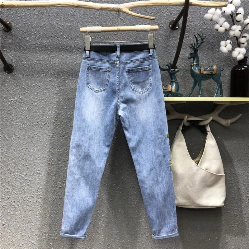 Jeans feminino, bordado de cintura alta, calça jeans harém casual, calça senhora vaqueiro, moda feminina, outono, nova, 2024