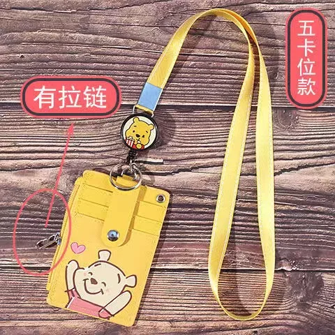 Disney Mickey Minnie hanging neck  card holder card Stitch Cartoon ID card  leather StellaLou case bus card hold Coin Purses