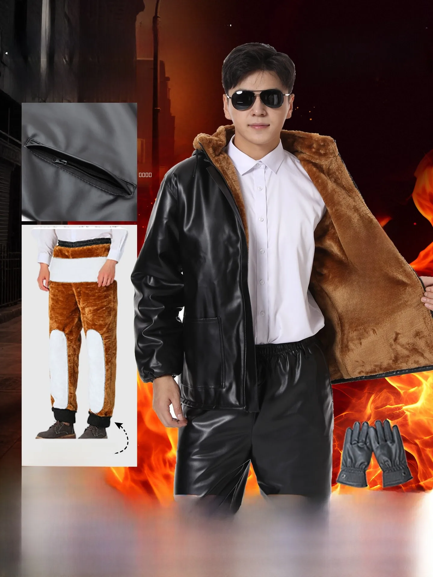 

Men's Winter Thiened Fce Lined Oil Resistant Waterproof Leather Jaet And Pants Workwear Set High Gloss PU Leather