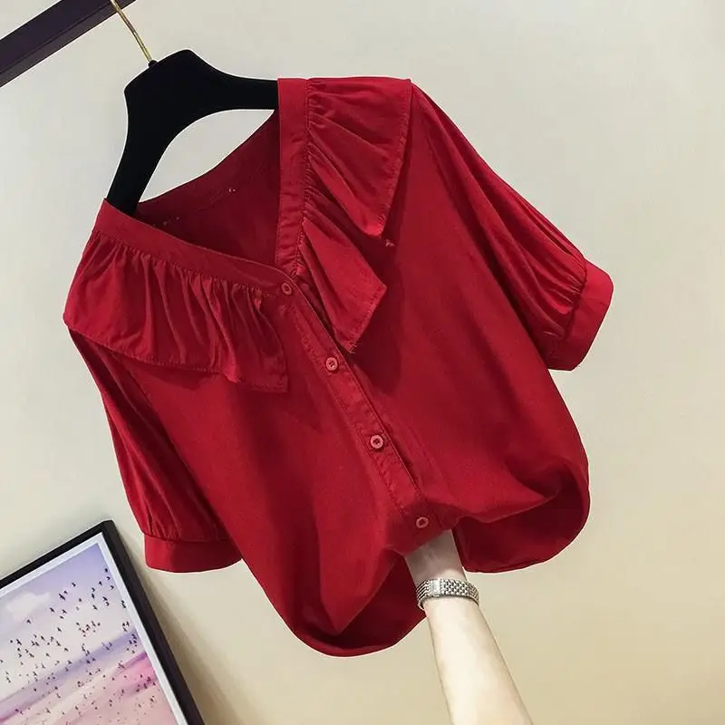 Temperament V Neck Button Blouse Summer New Pleated Short Sleeve Solid Color Loose Shirt Tops Fashion Office Women Clothing