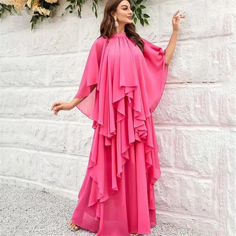 

French Elegant Runway Summer Rose Red Chiffon Holiday Long Dress Women Stand Collar Batwing Sleeve Ruffles Irregular Maxi Robe