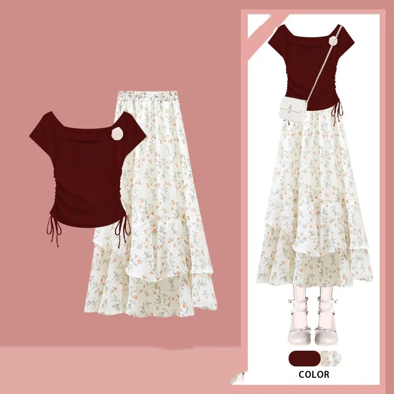 

Women's Sweet Floral Slim Shirring Ice Silk Tops Print Midi Skirts 1 or Two Piece Set Boho Lady Graceful Short Sleeve Skirt Suit