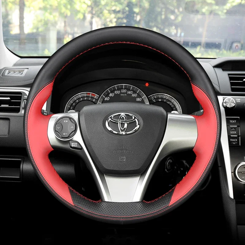 DIY Hand Sewing Steering Wheel Covers For Toyota Camry 2009-22 Black Red Leather Interior Handle Cover Accessories