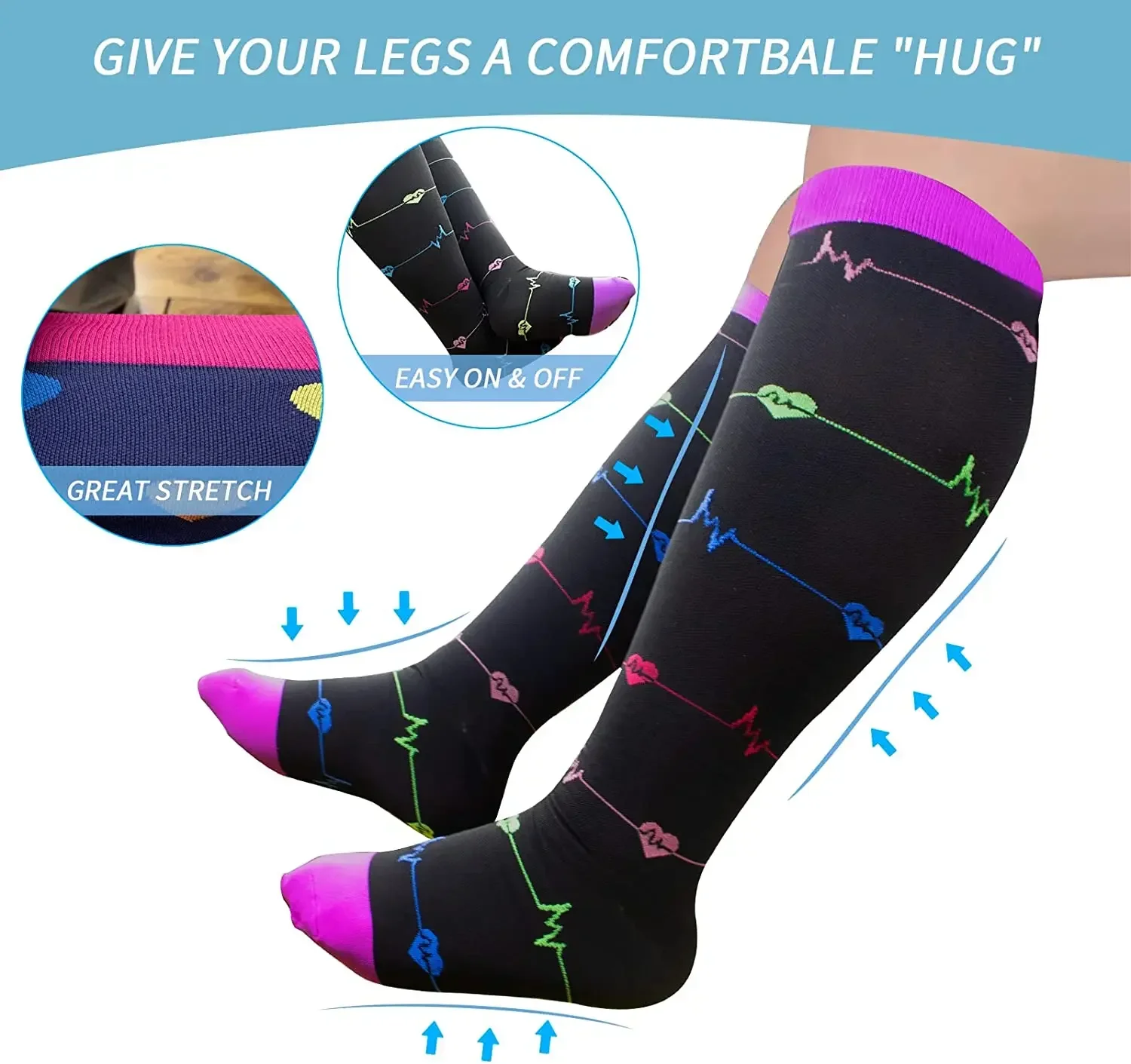 PR 3/5Pairs Plus Size Compression Socks Women Men Wide Calf Compression Stocking Knee High 20-30mmHg for Circulation Swelling image 4