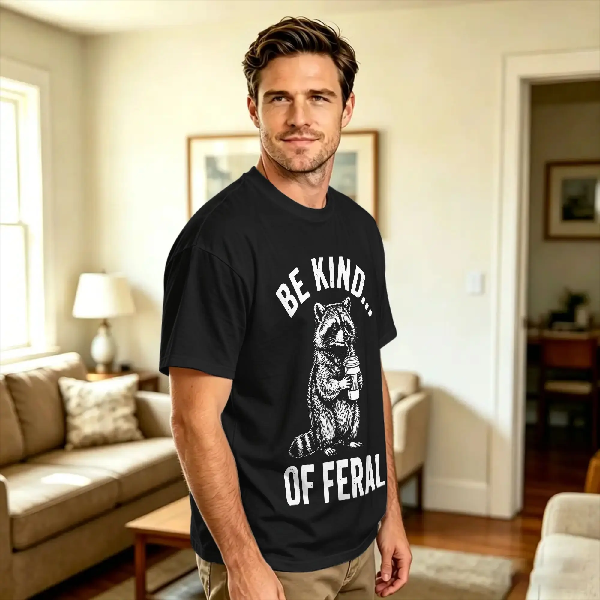 Be Kind of Feral Raccoon Cotton T Shirt For Male Beach  Awesome T Shirts Leisure Tees Plus Size Custom Logo Clothing