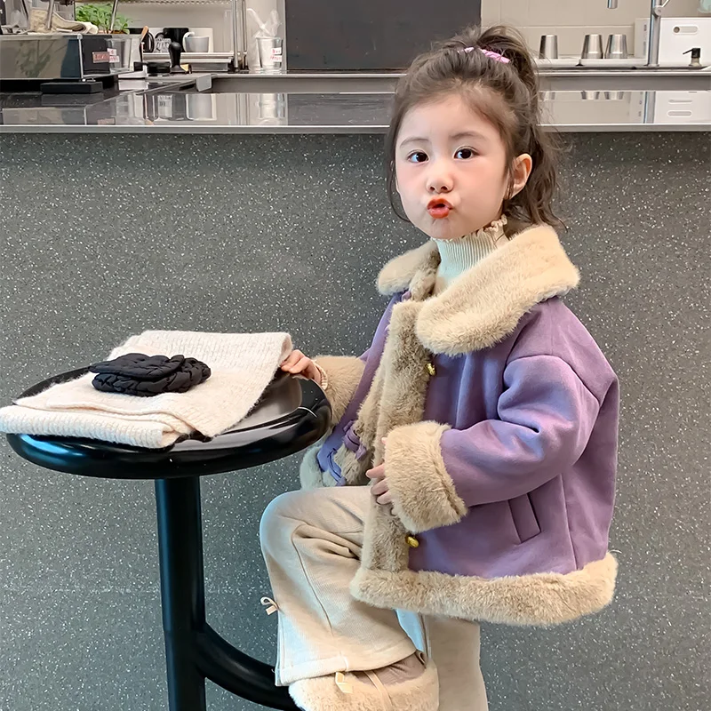 

Girls' Autumn Winter Fce Lined Quilted Nylon Woolen Fabric Inteated Fur Outerwear Korean Sle Straight Cut Long Sve ...