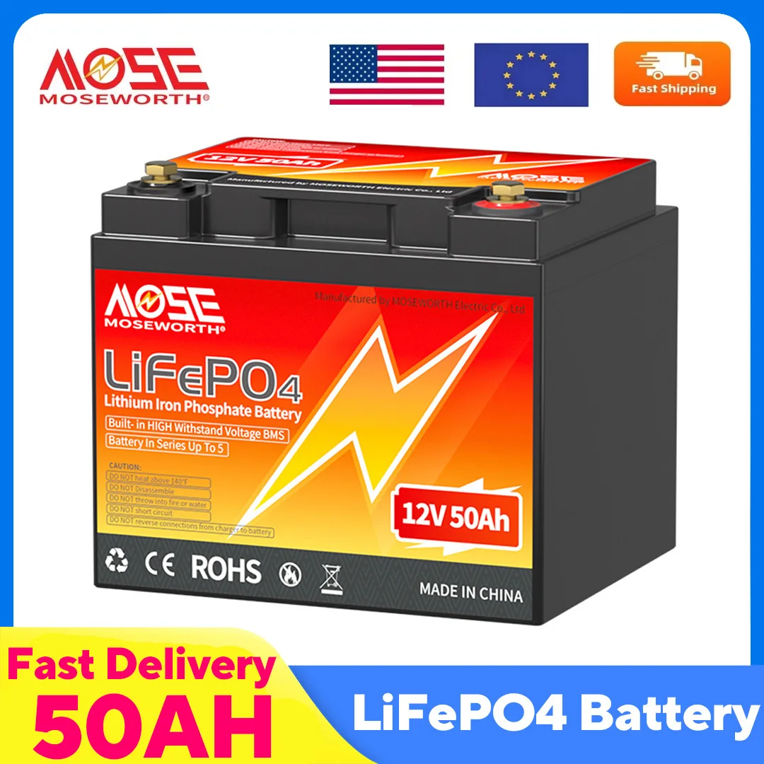 MOSEWORTH 12V 50Ah LiFePO4 Batteria 50A BMS 640W Batteria ricaricabile al litio ferro fosfato Ciclo profondo Protezione a bassa temperatura