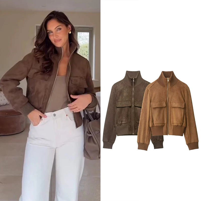 Women's Jacket 2026 New Autumn Winter Long-Sleeve Belted Stand Collar Suede-Texture Jacket Loose Casual Chic Women Outerwear