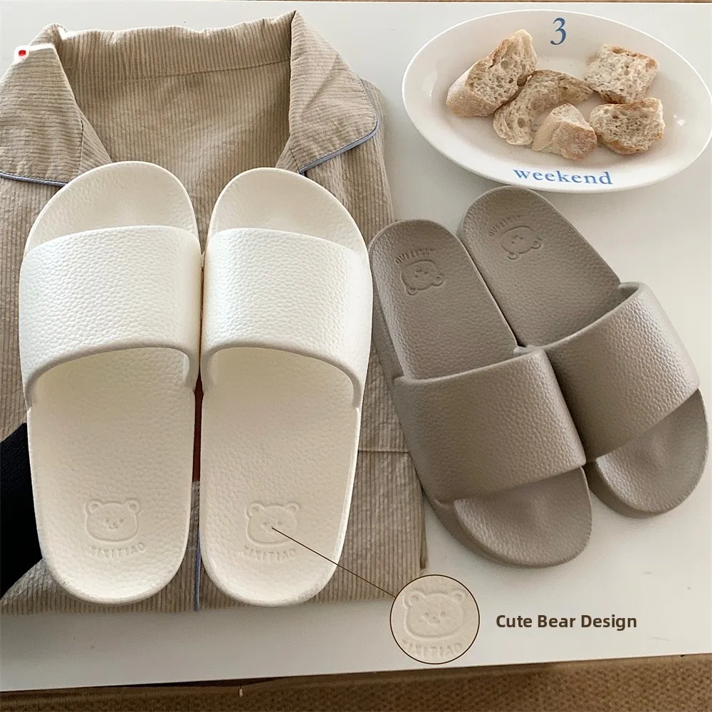 Casual Home Slippers Couple Matching Indoor Anti-Slip Flat Sandals Cute Bear Design round Toe EVA Material Comfortable Summer...