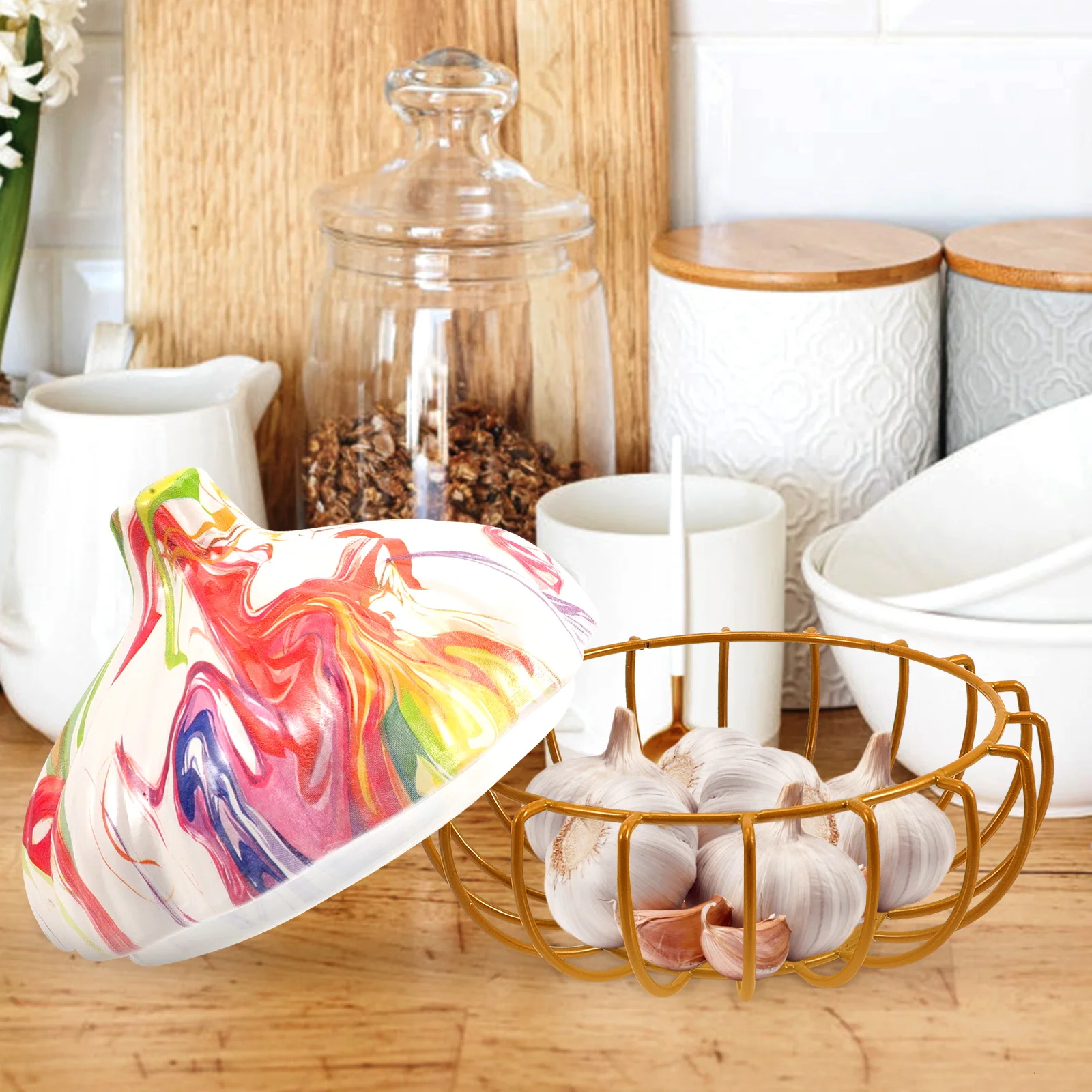

GarlicStorageBasket CeramicIronMaterial KitchenHomeAccessory MultiFunctionEggFruitBowlHolder CountertopContainer