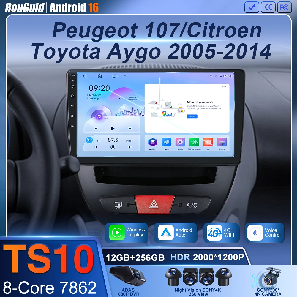 

Android 16 2 Din Car Multimedia Player For Peugeot 107 Toyota Aygo Citroen C1 2005-2014 Head Unit Stereo GPS Navigation BT WIFI