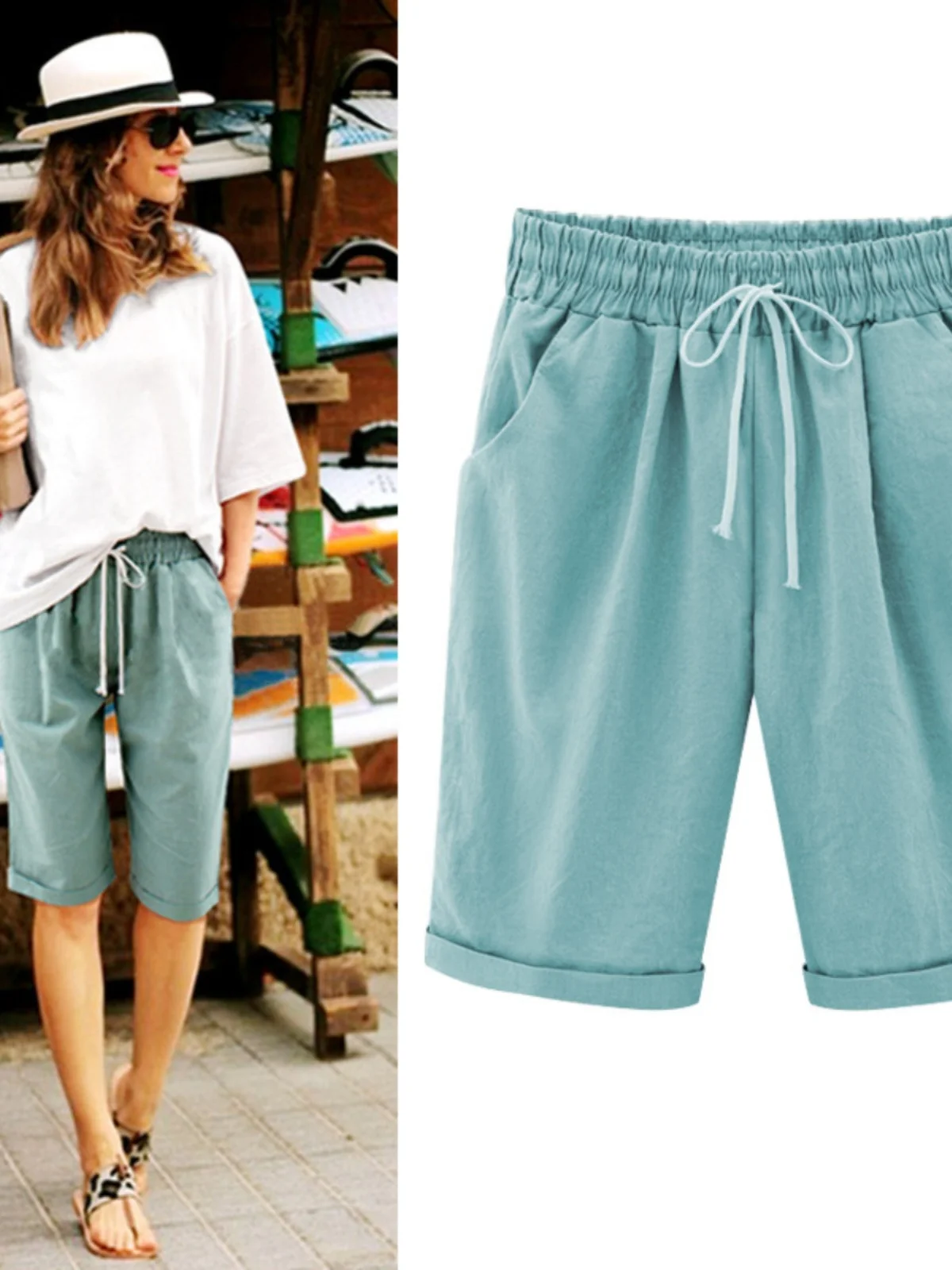 Pantalones informales finos de longitud media para mujer, pantalones de punto de algodón transpirables y cómodos de talla grande, corte en la cintura, verano