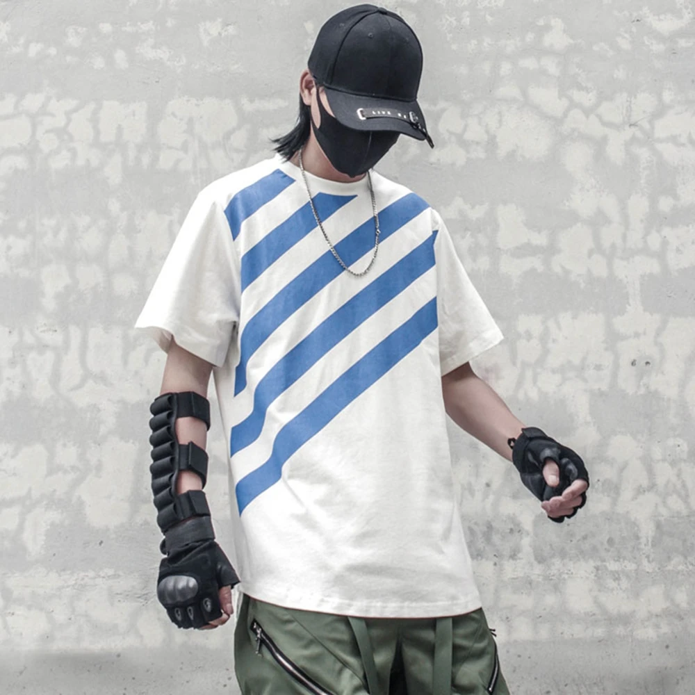 AOGZ Harajuku Striped Printed Short-sleeved Summer T-shirt Men Oversize Casual Loose T Shirt Cotton Hip Hop Fashion Streetwear