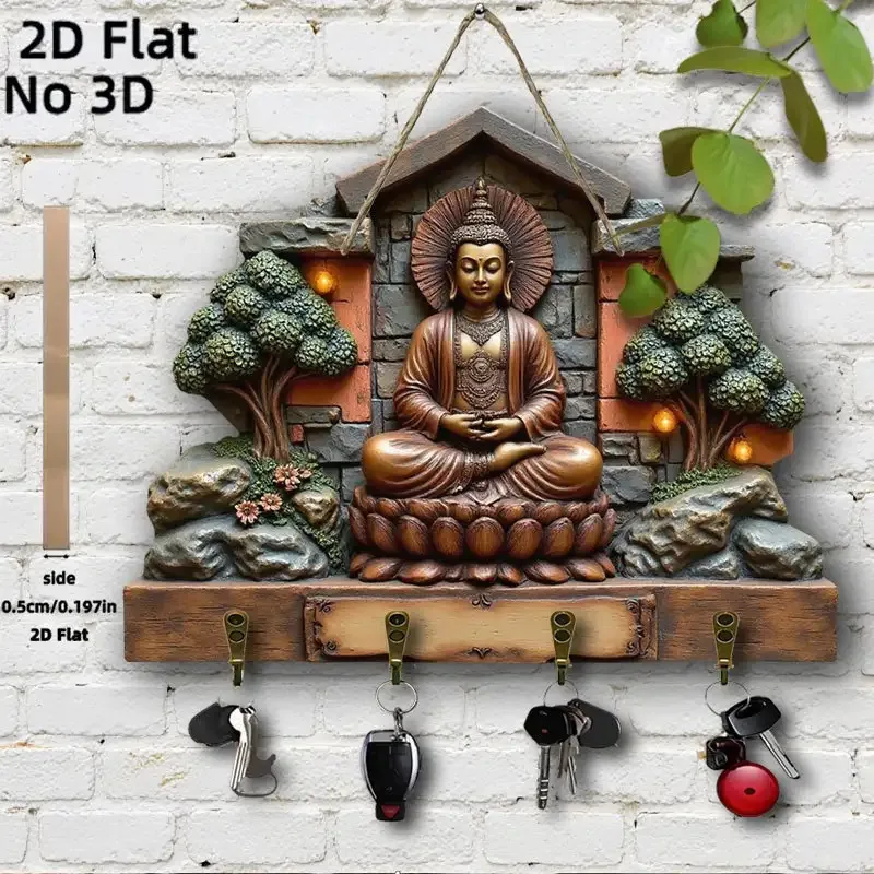 Meditation Buddha Wall Hanging 2D Wooden Key Holder - Zen Art Design Home Decor Key Hanger Buddhist Believers New Year Gifts