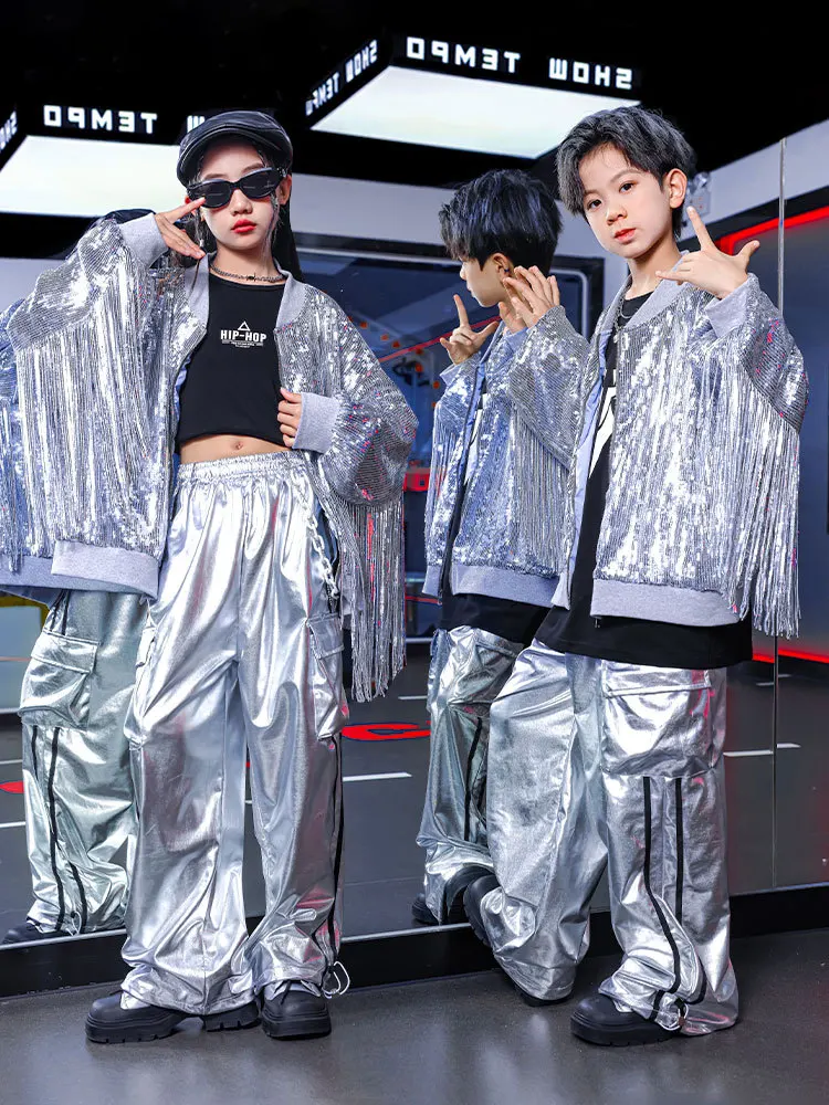 Sequin Tassel Jazz Dance Costume Girls Boys Silver Coat Pants Street Dance Hip Hop Performance Clothes Concert Stage Wear L14441