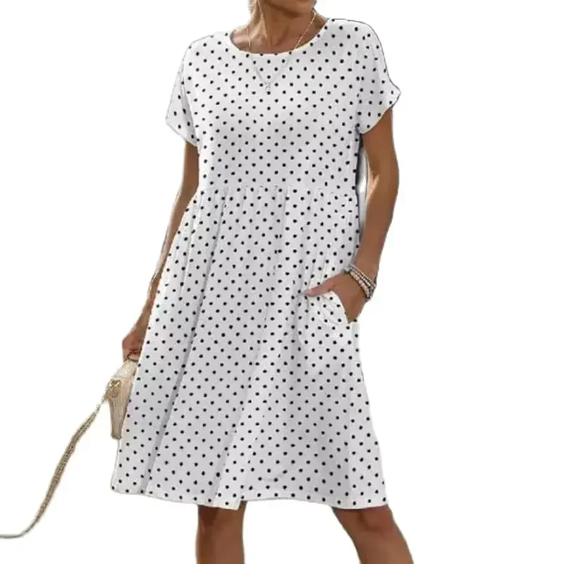 

2024 Elegant Dot Print Short Sleeve Dresses Women Side Pocket Dress O Neck Pullover High Waist Gown Summer Commuter Female Frock