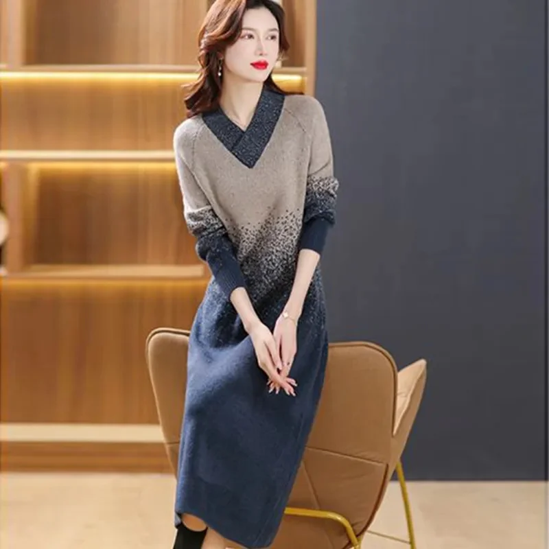 Fall/winter Bottoming Knit Dress Women's 2024 New Female Long Over-the-knee Long-sleeved Loose Slim Sweater Skirt