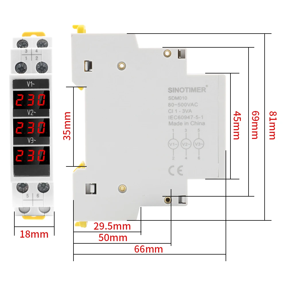 18mm Din Rail Mounted Electrical Three Phase Voltage Meters Measuring AC 80-500V Mini Modular Voltmeter Gauge Indicator Digital