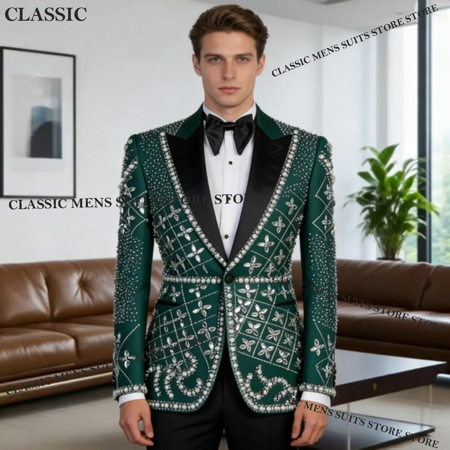 

Formal Rhinestones Crystals Exquisite Men Wedding Tuxedos Slim Suits Fit Ropa hombre 2 Pieces Sets Groom Male Blazers Customized