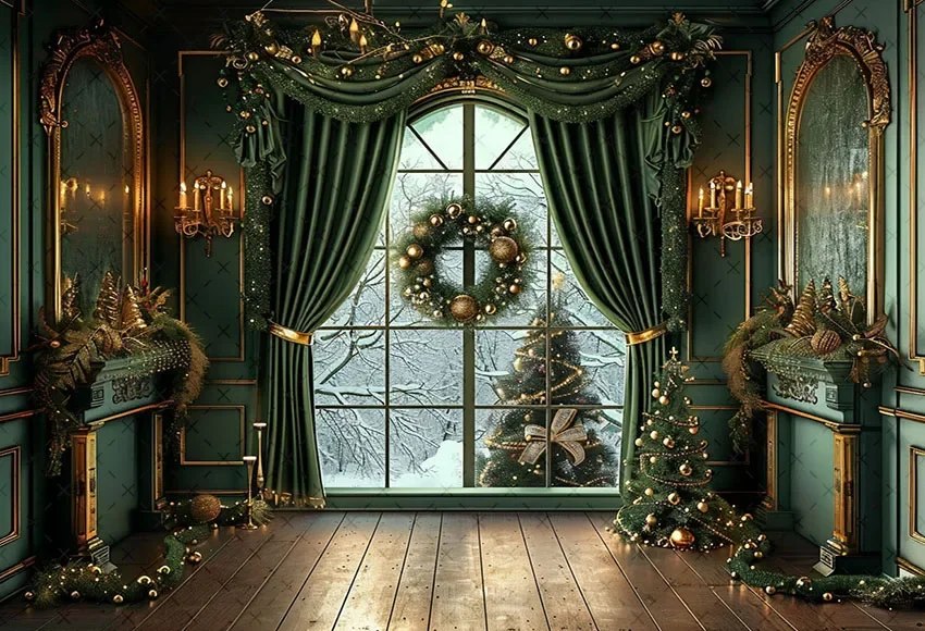 Mehofond Photography Background Green Christmas Windows Gifts Snowy Xmas Tree Kids Family Portrait Decor Backdrop Photo Studio