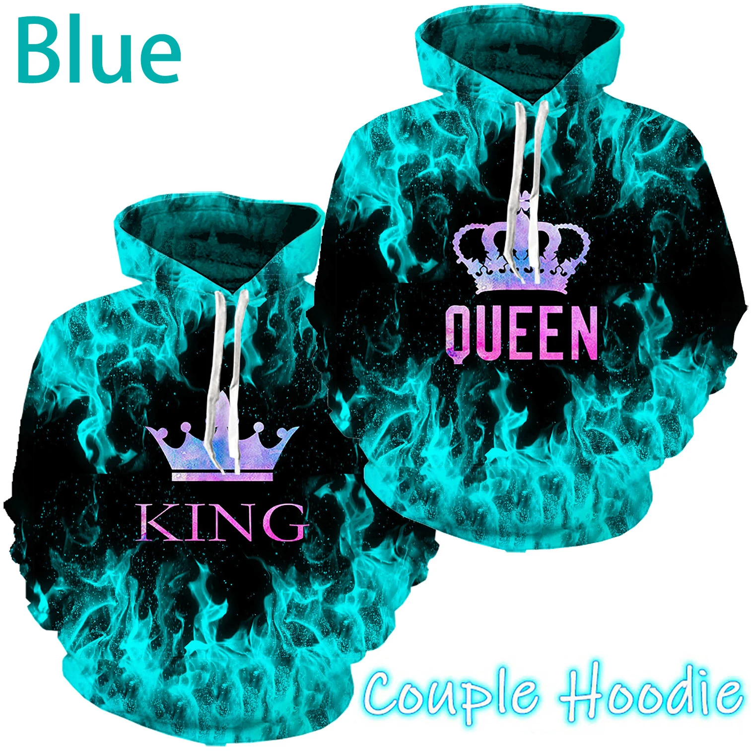 Newest Fashion 3D Printed Flame Couple King & Queen Hoodies Man Women Matching Casual Pullover Sweatshirt Long-sleeved Sweater