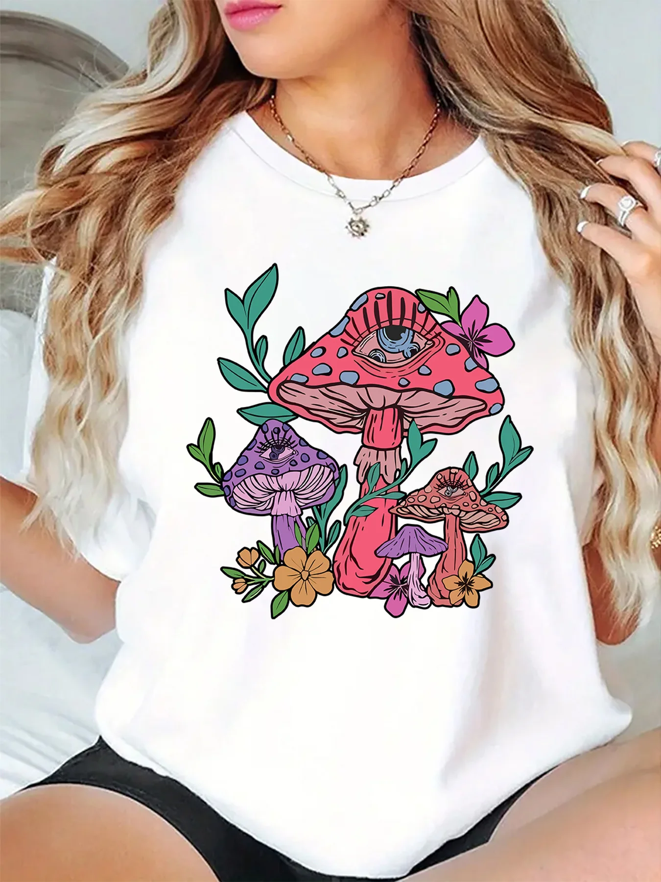 Cute Mystical Mushrooms With Eyes And Wild Flowers Art Print Graphic Ladies T Shirt Short Sleeve Crew Neck Casual Tee Tops