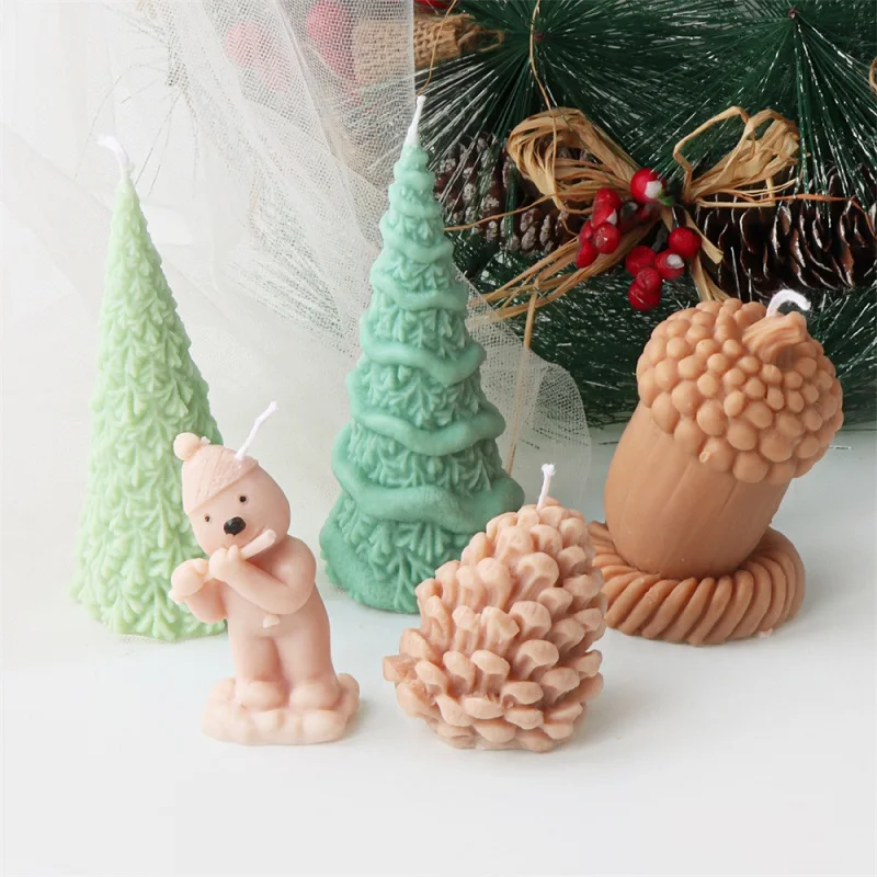 

New Crooked Christmas Pinecone Silicone Candle Mold 3D Christmas Tree Flute Snowman Aroma Plaster Ornament Soap Making Supplies